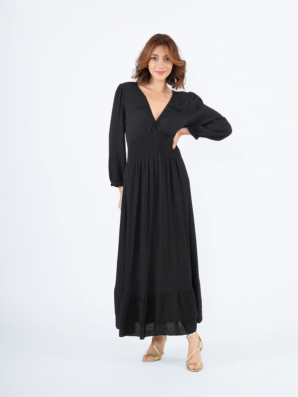 Nonna V-Neck Long Dress Black