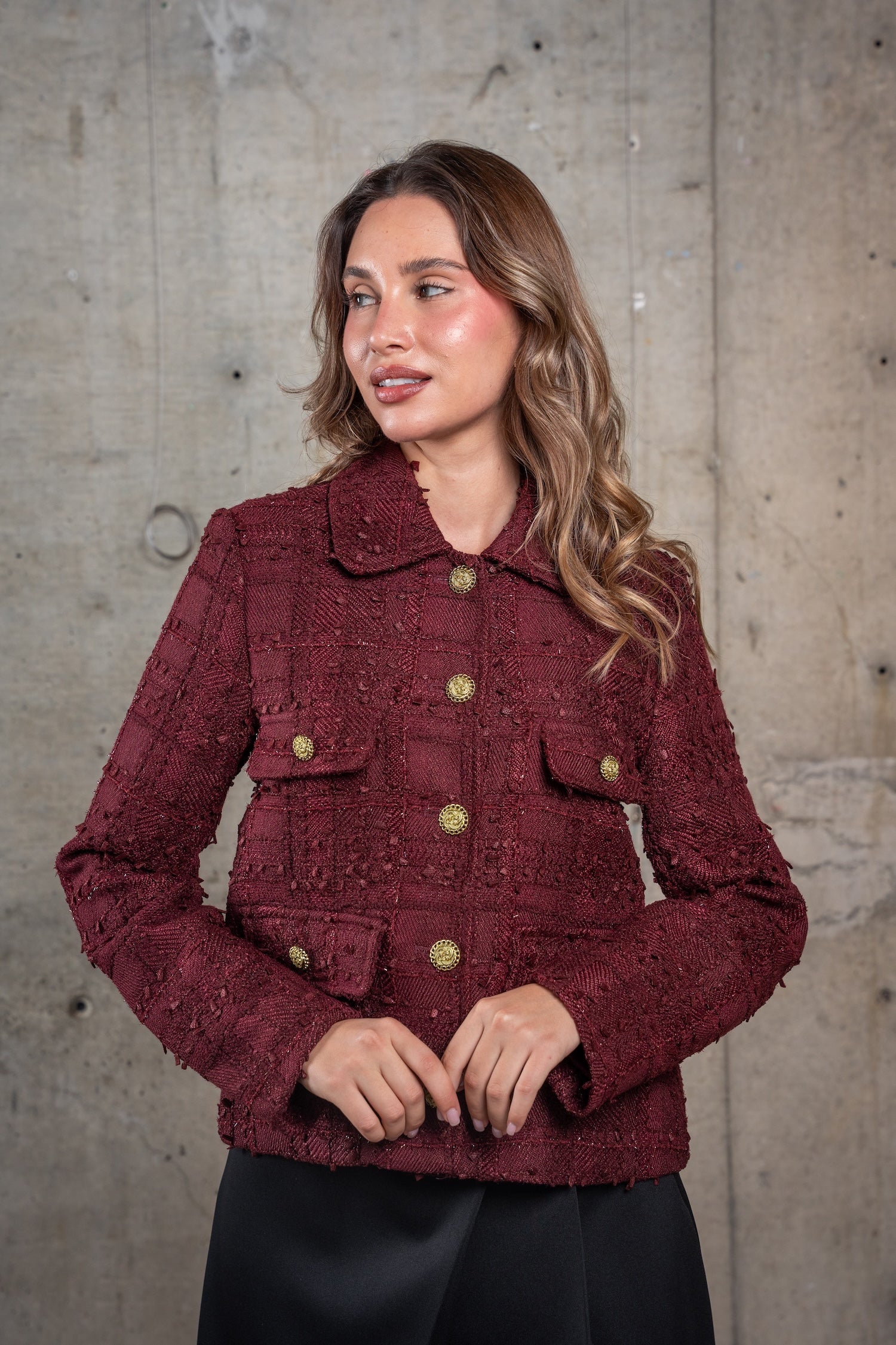 Cropped Tweed Jacket-Burgundy