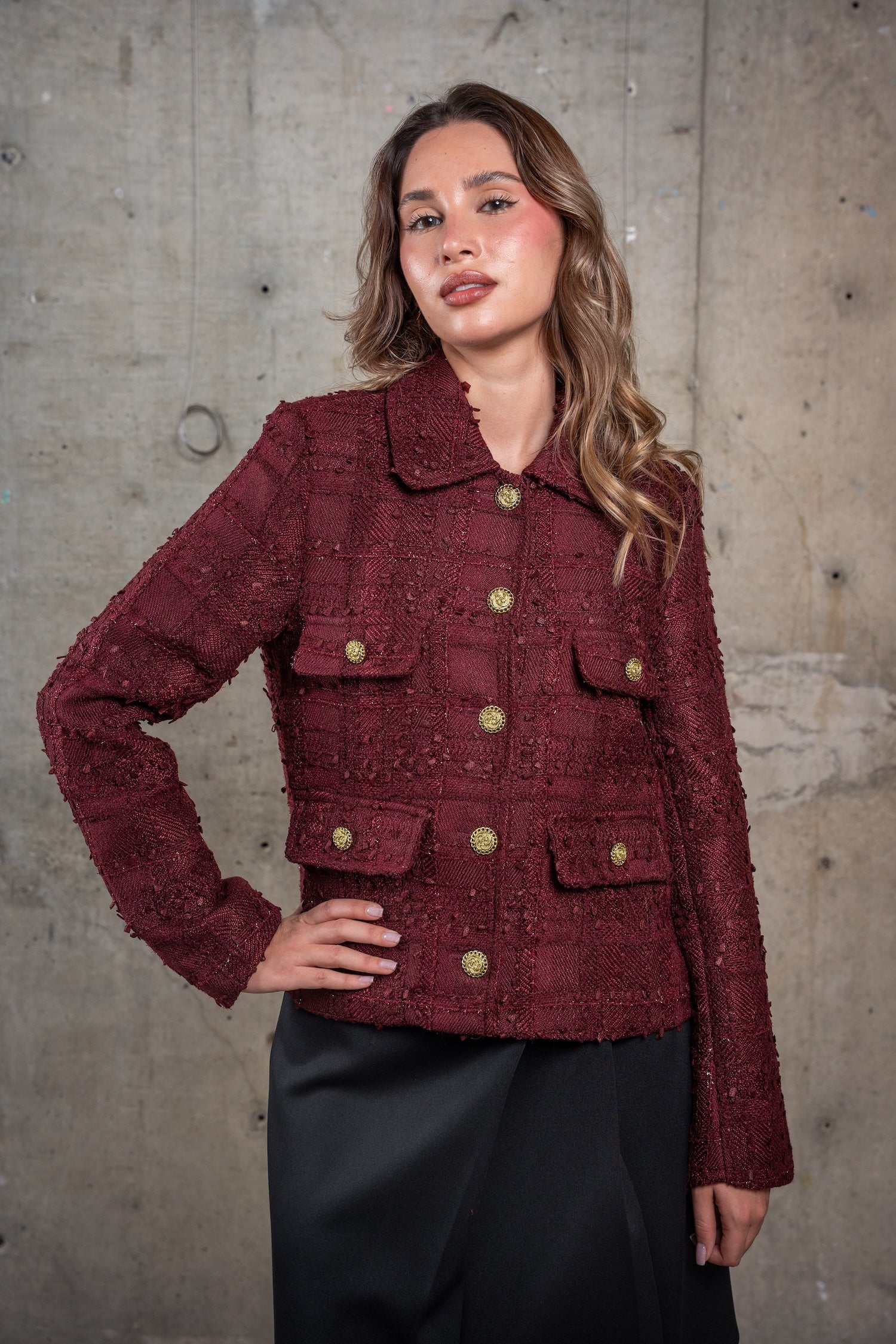 Cropped Tweed Jacket-Burgundy