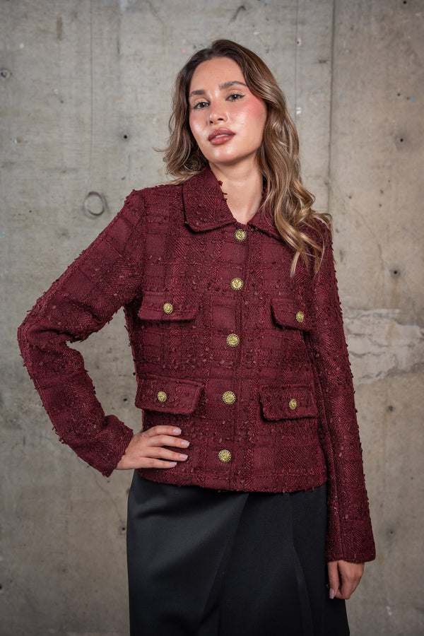 Cropped Tweed Jacket-Burgundy