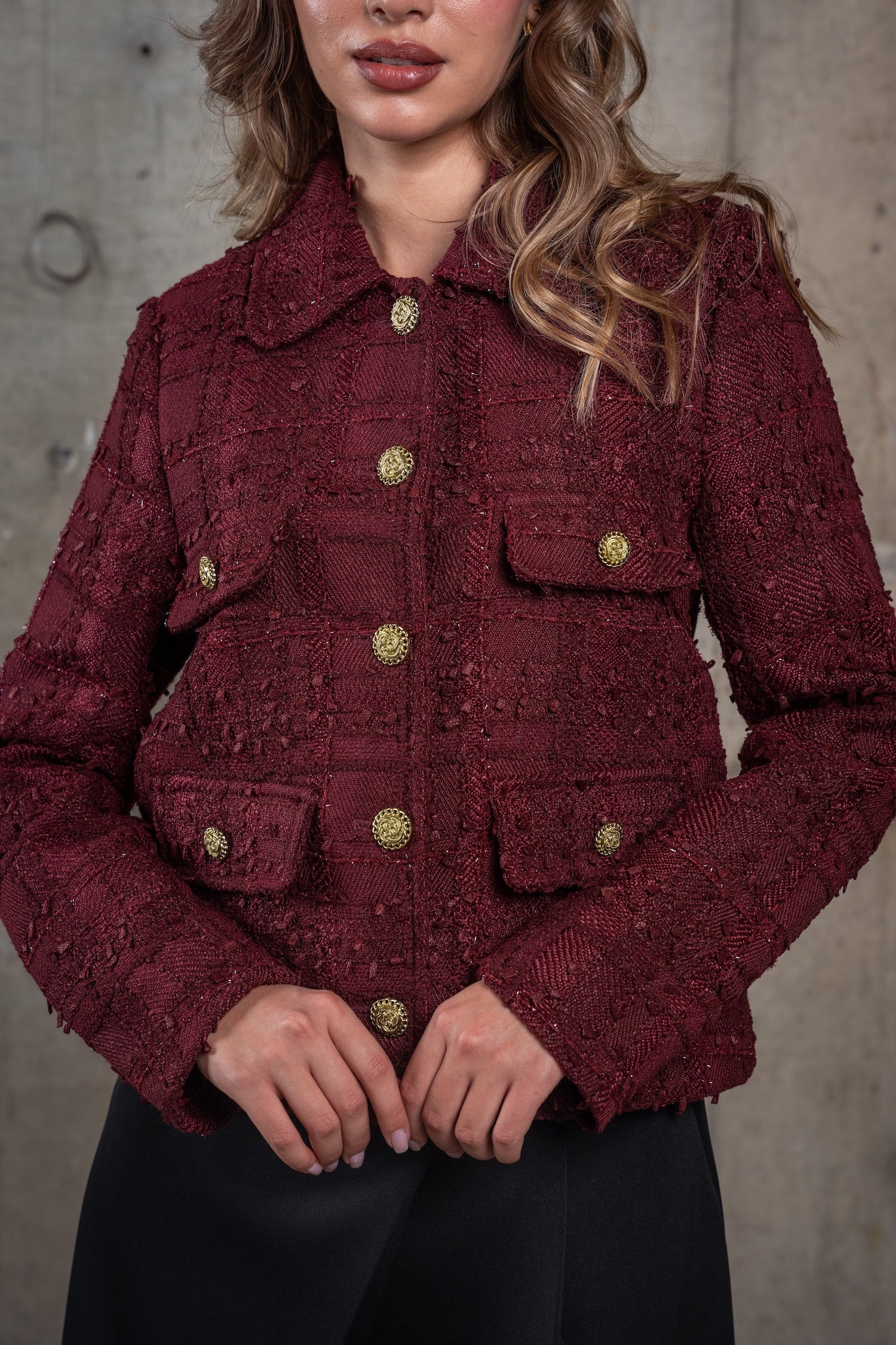 Cropped Tweed Jacket-Burgundy