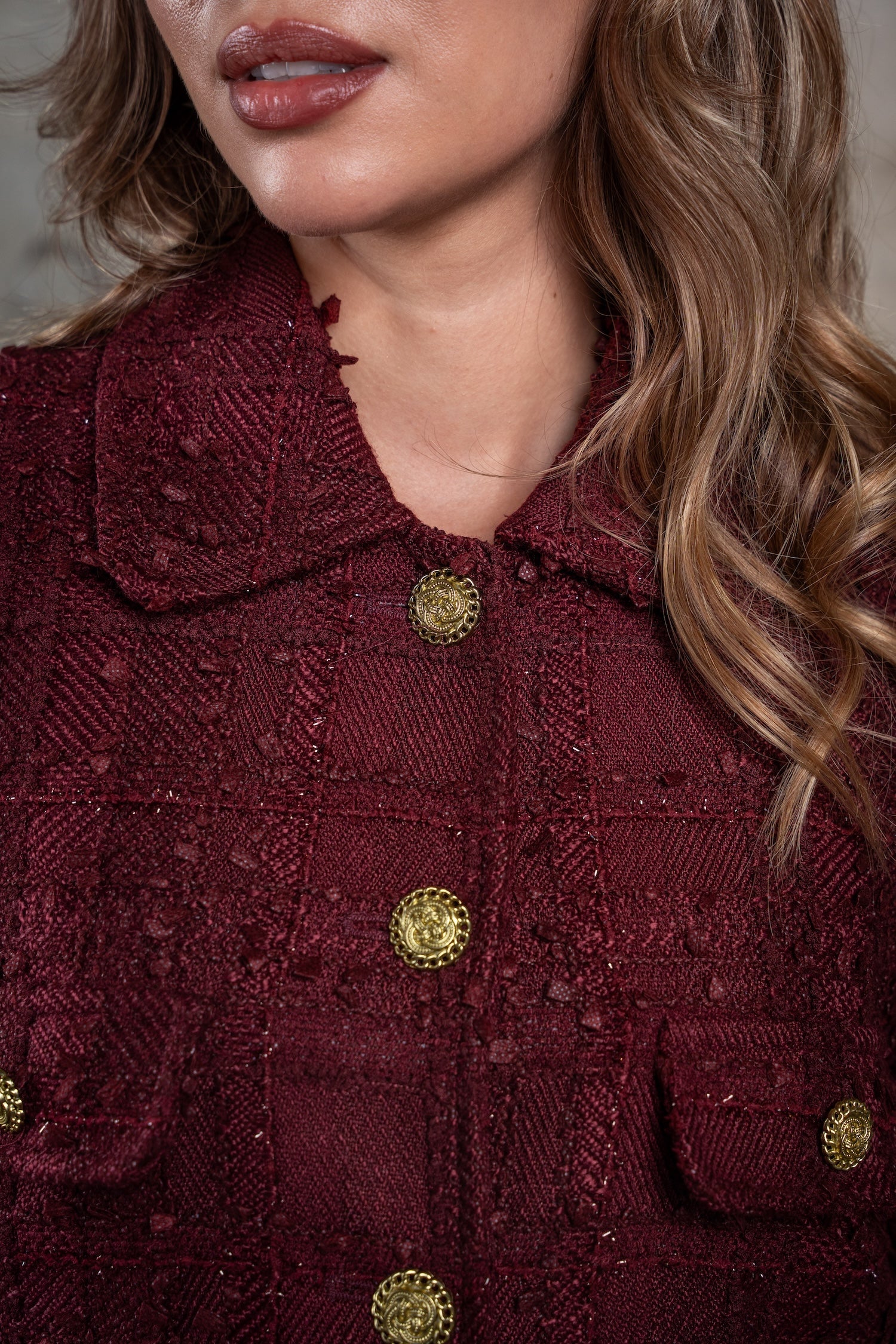 Cropped Tweed Jacket-Burgundy