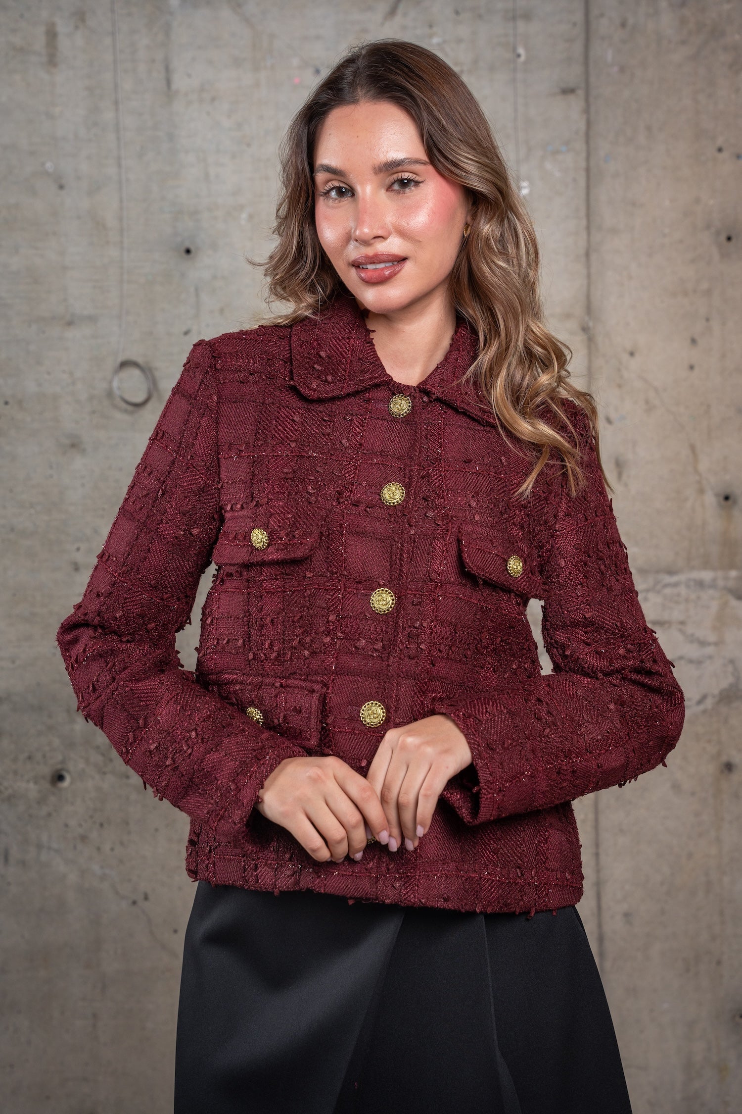 Cropped Tweed Jacket-Burgundy