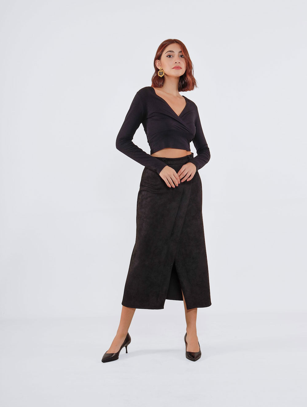 Angled Split Midi Skirt - Black