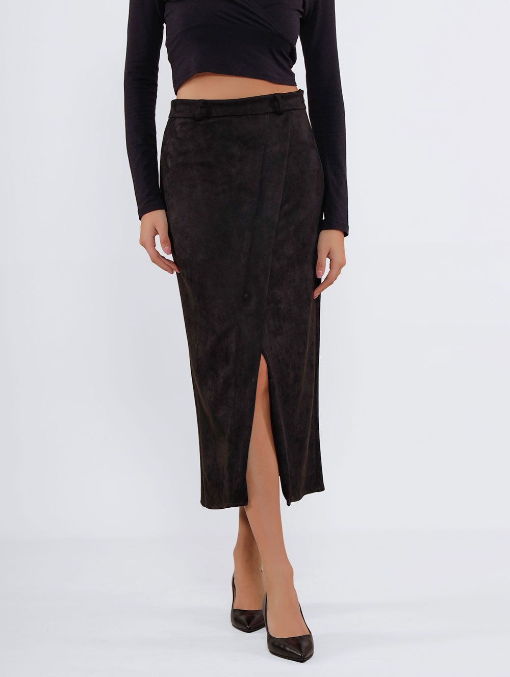 Angled Split Midi Skirt - Black