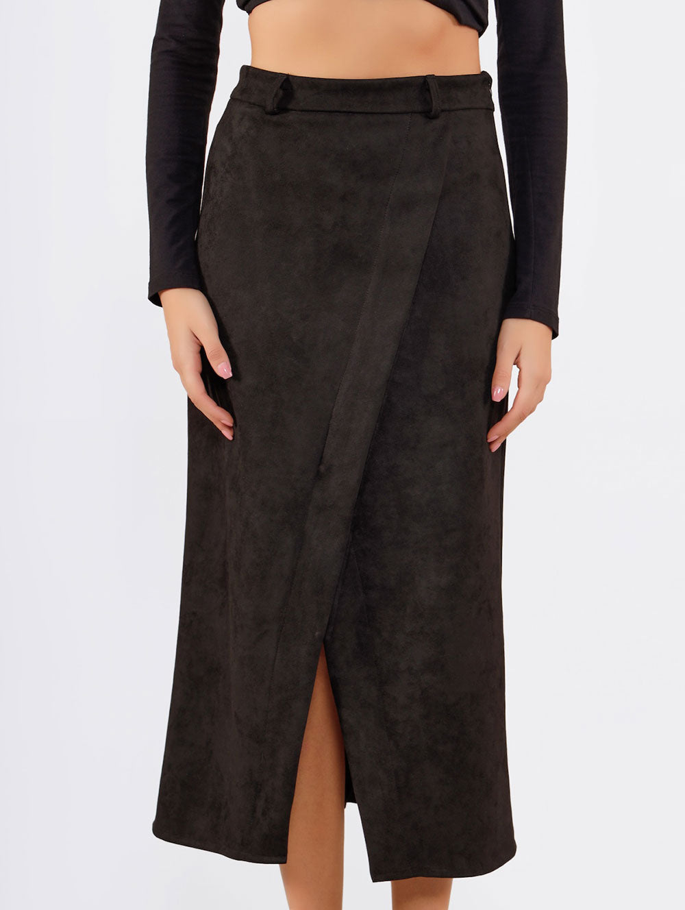 Angled Split Midi Skirt - Black