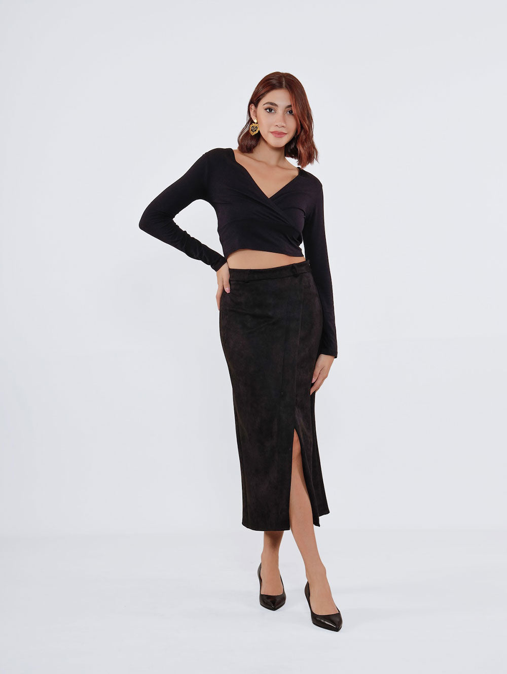 Angled Split Midi Skirt - Black