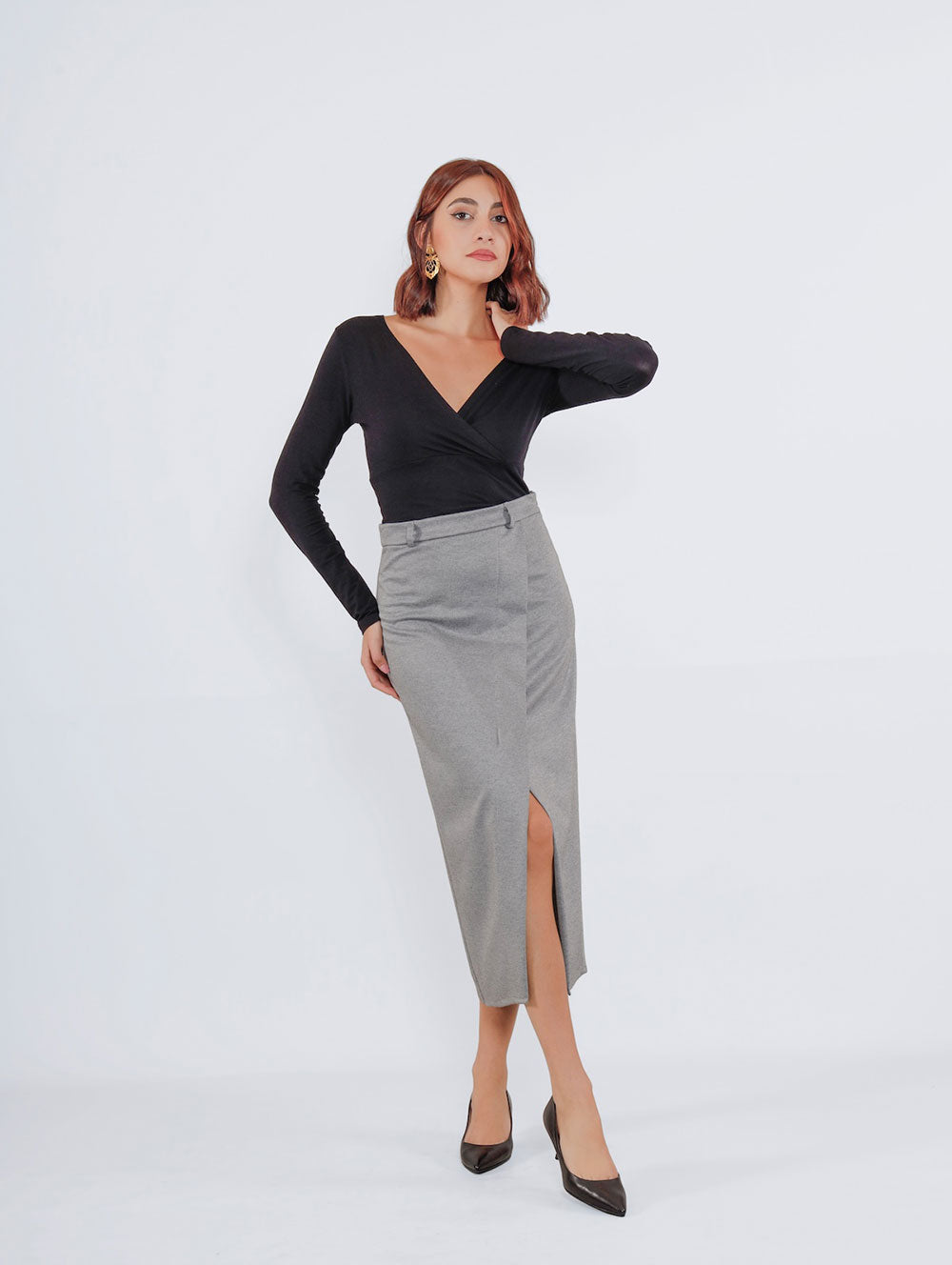 Angled Split Midi Skirt - Grey