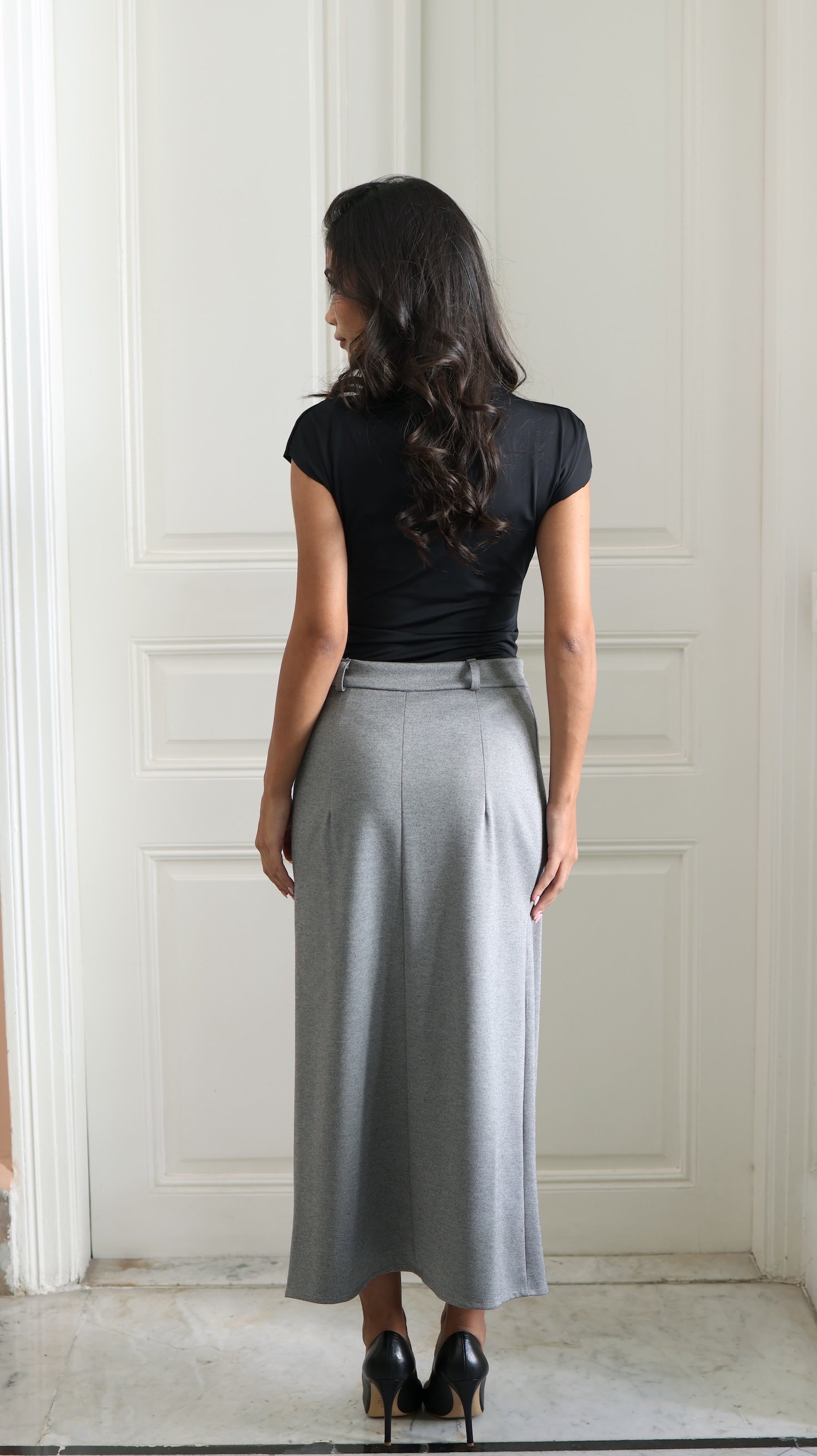 Angled Split Midi Skirt - Grey