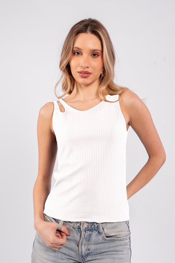 Cut Out Rib Top - White