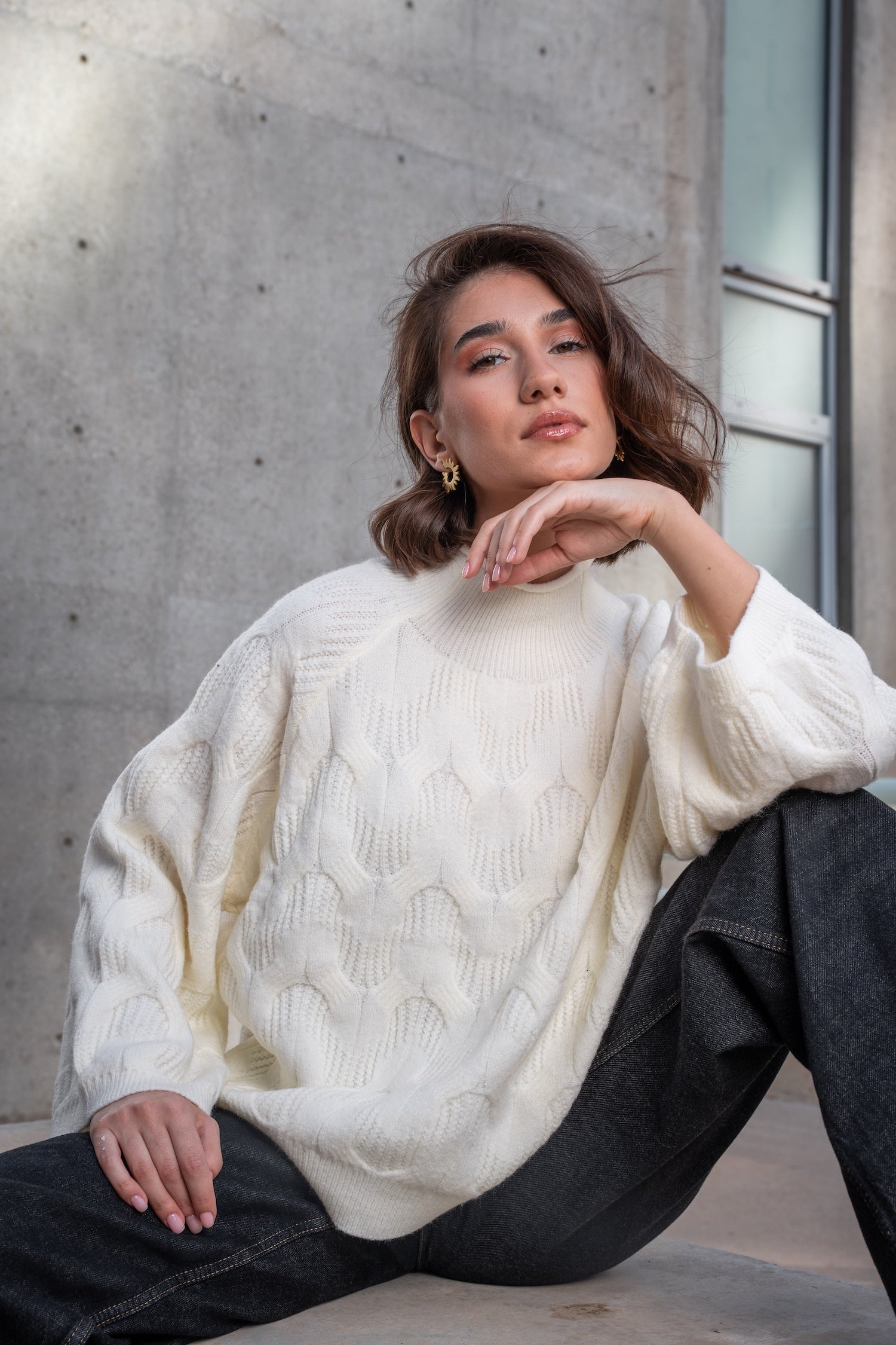 Knit High Neck Jumper - Beige