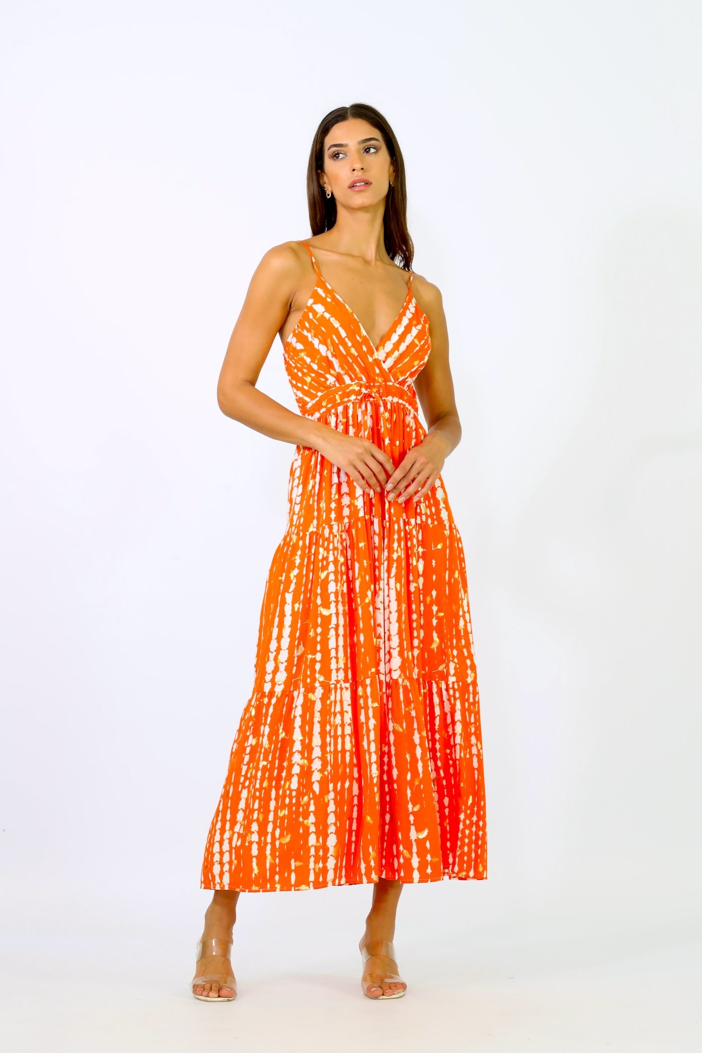 Tara Midi Dress - Printed Orange with Gold