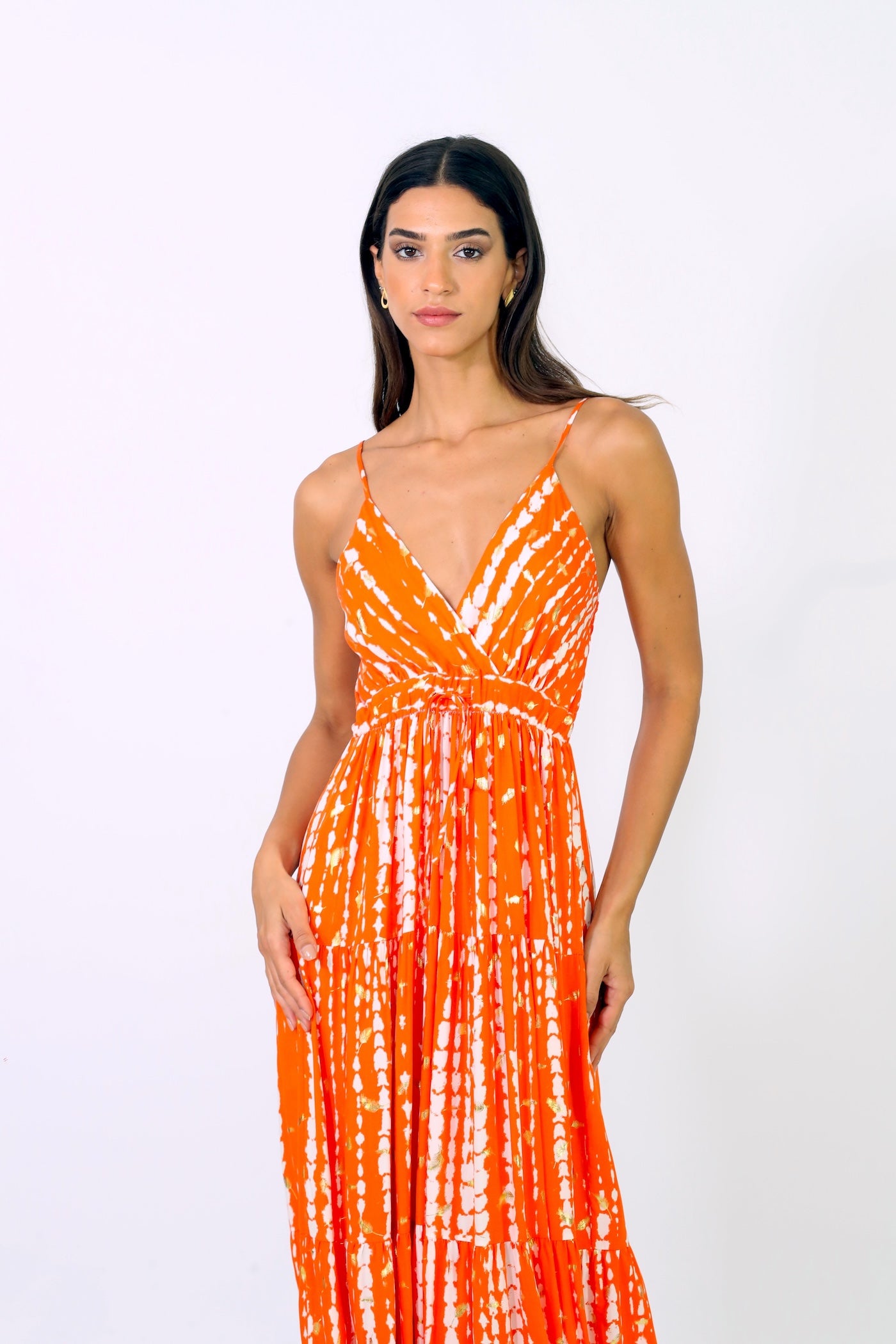 Tara Midi Dress - Printed Orange with Gold