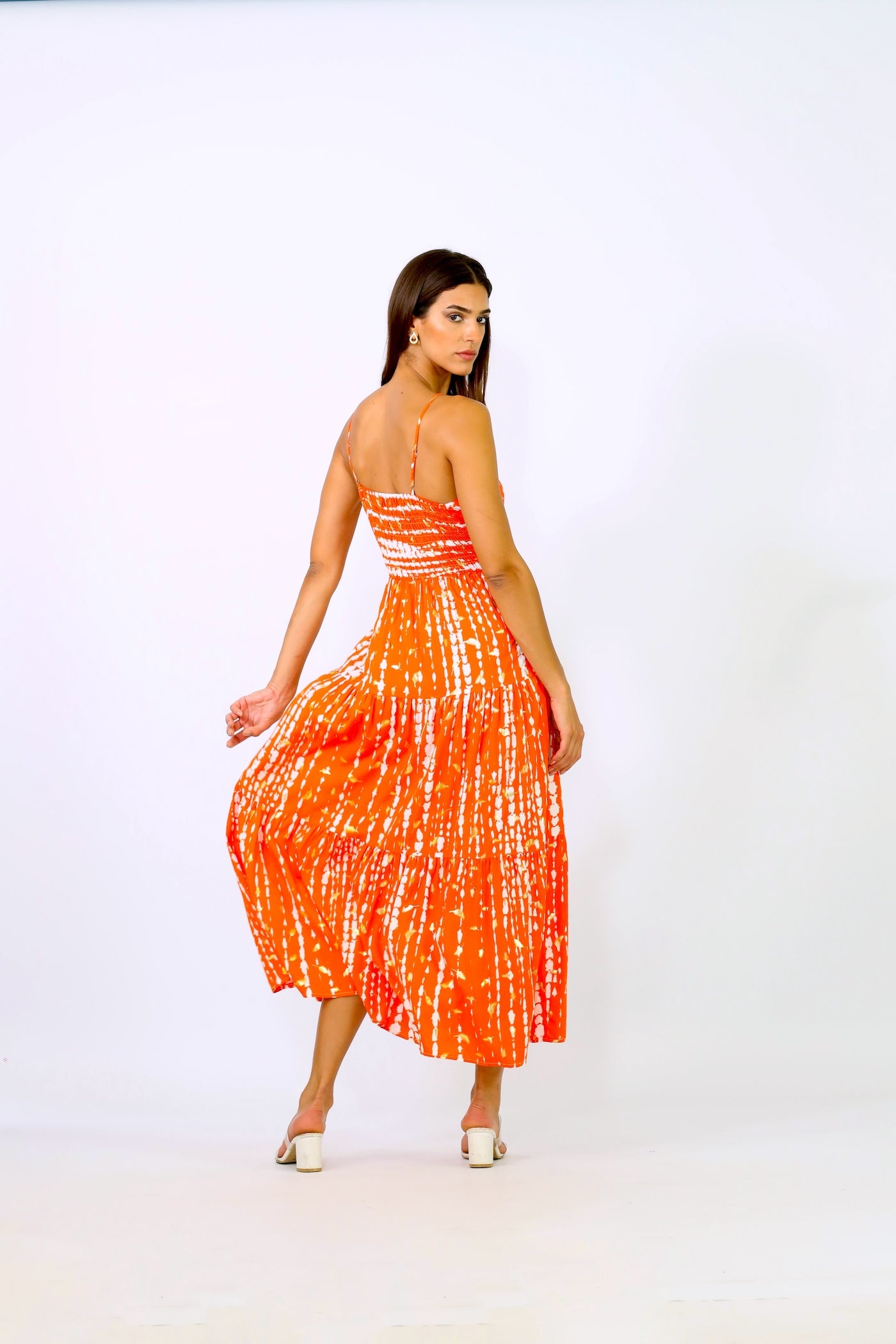 Tara Midi Dress - Printed Orange with Gold