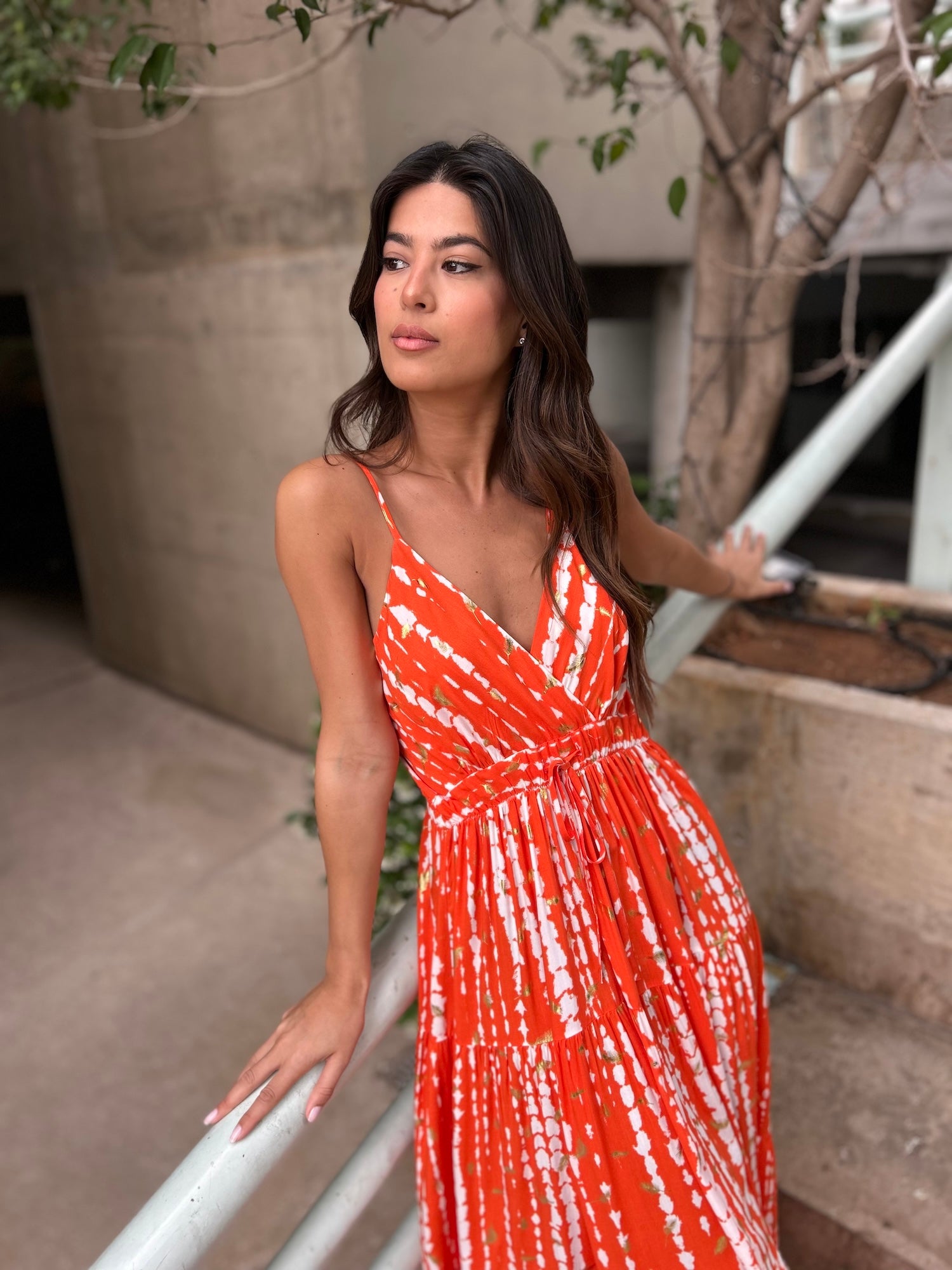 Tara Midi Dress - Printed Orange with Gold