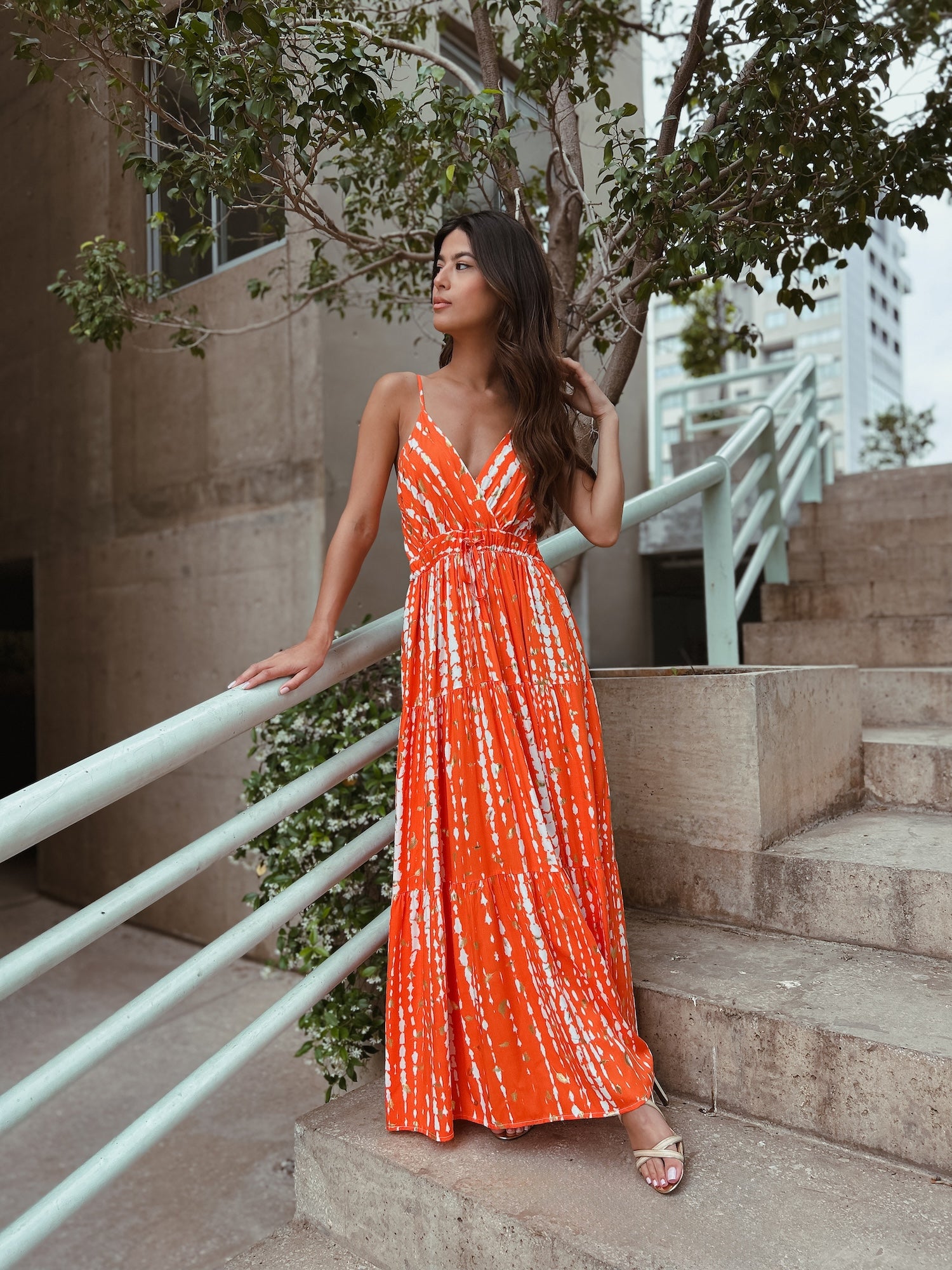 Tara Midi Dress - Printed Orange with Gold