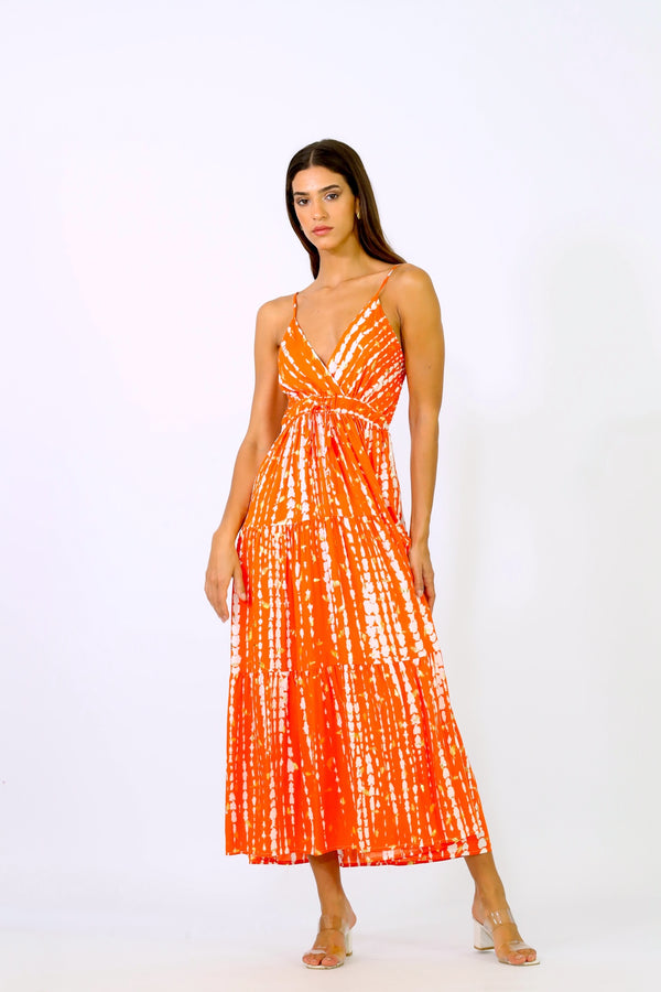 Tara Midi Dress - Printed Orange with Gold