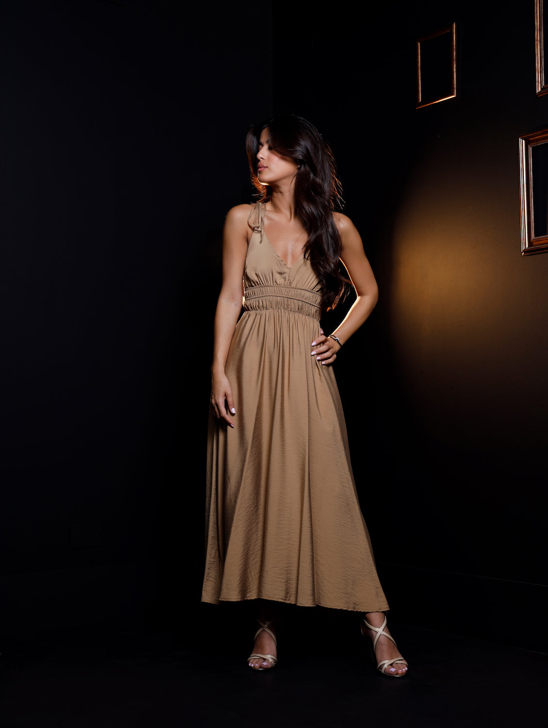 Angela Midi Dress - Beige Gold