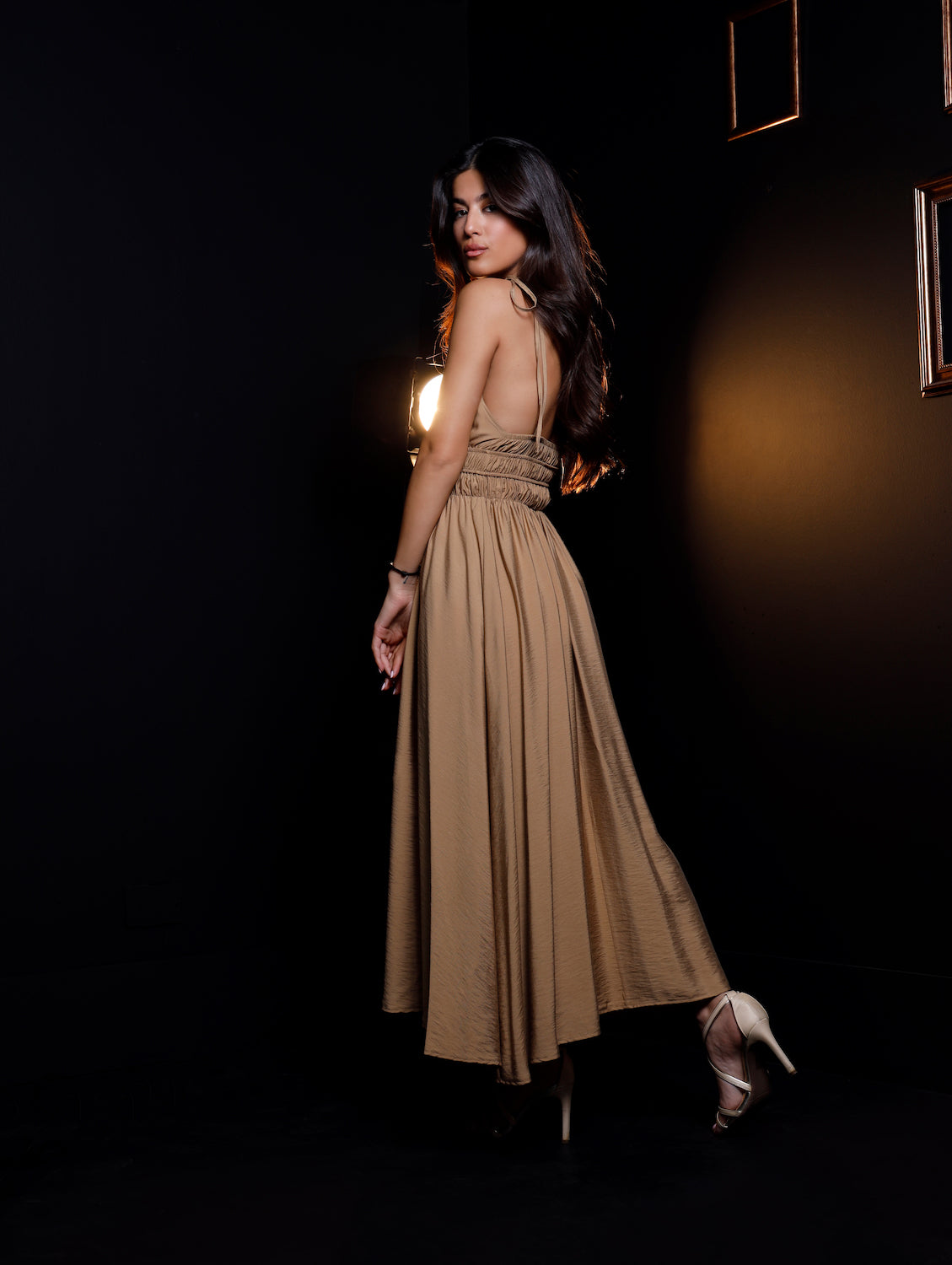 Angela Midi Dress - Beige Gold