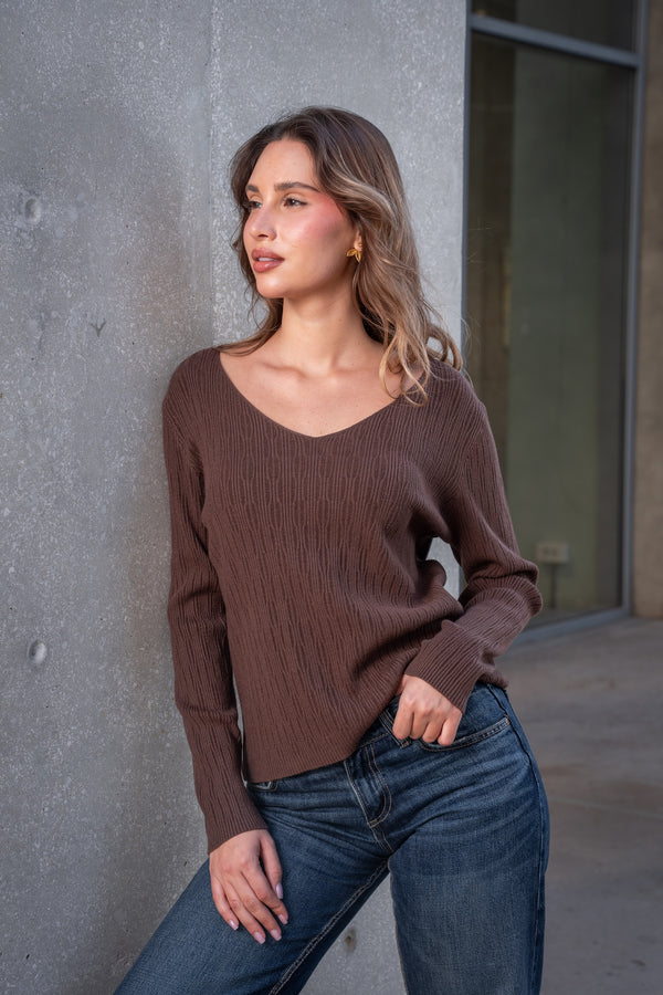 V-Neck Knit Jumper-Brown