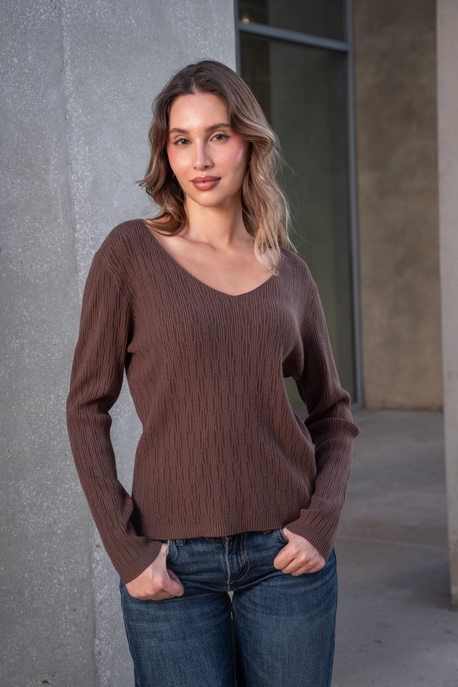 V-Neck Knit Jumper-Brown