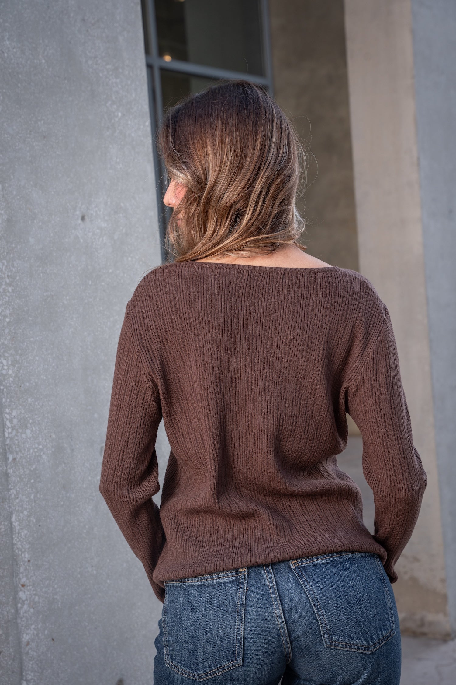 V-Neck Knit Jumper-Brown