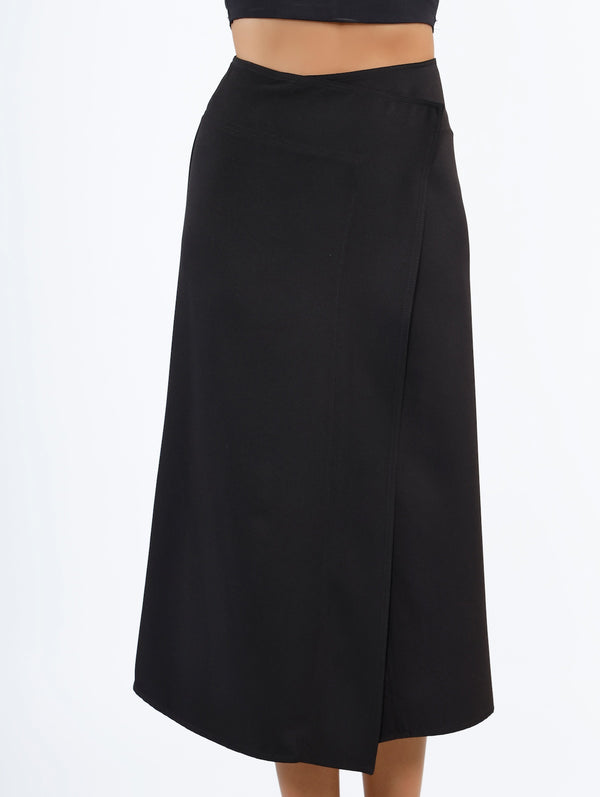 Asymmetric Wrap Midi Skirt Black