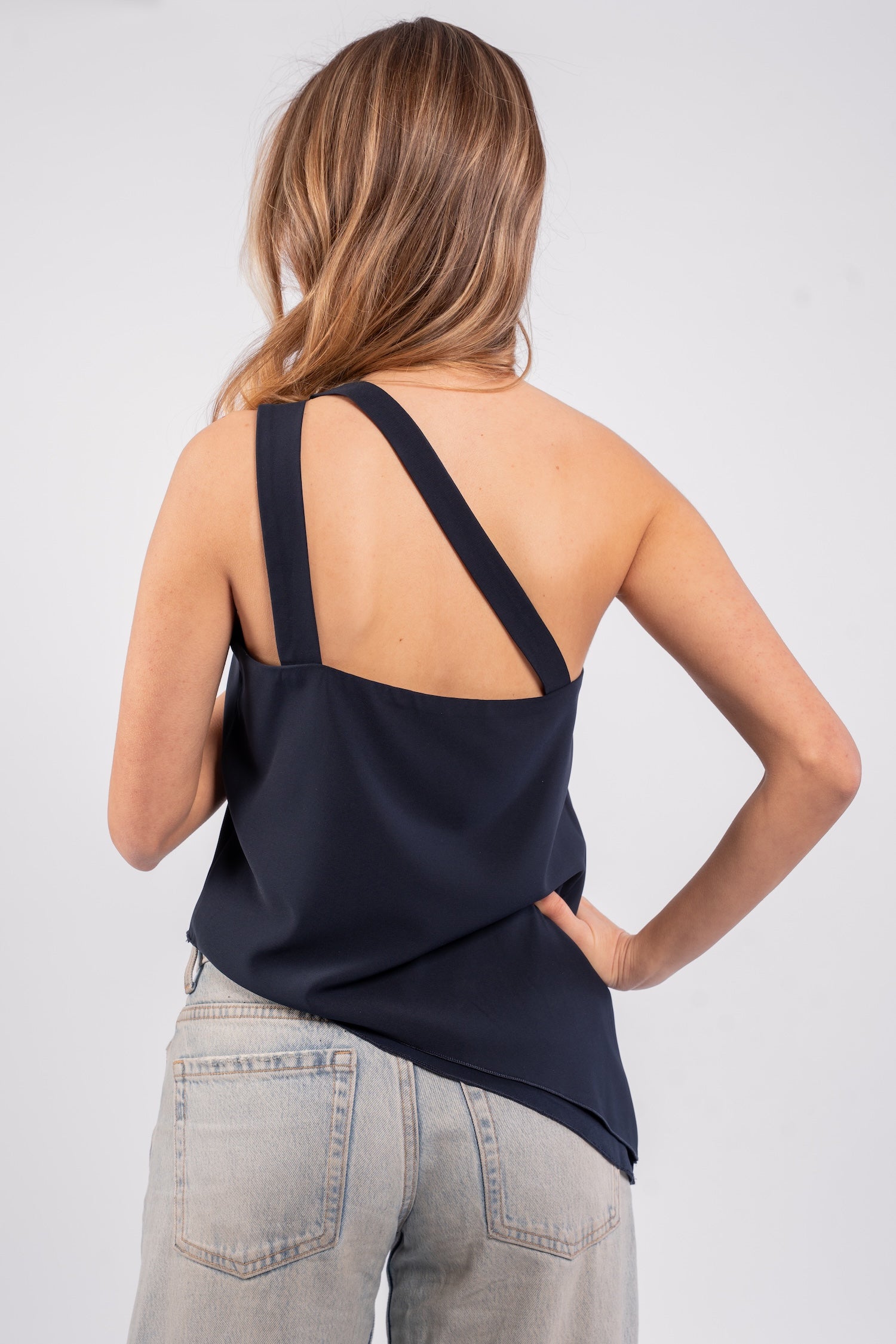 Asymmetric Top with Stripes - Navy Blue