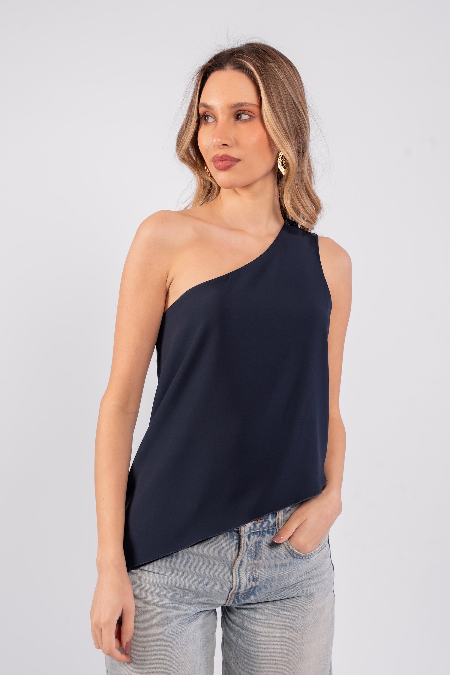 Asymmetric Top with Stripes - Navy Blue