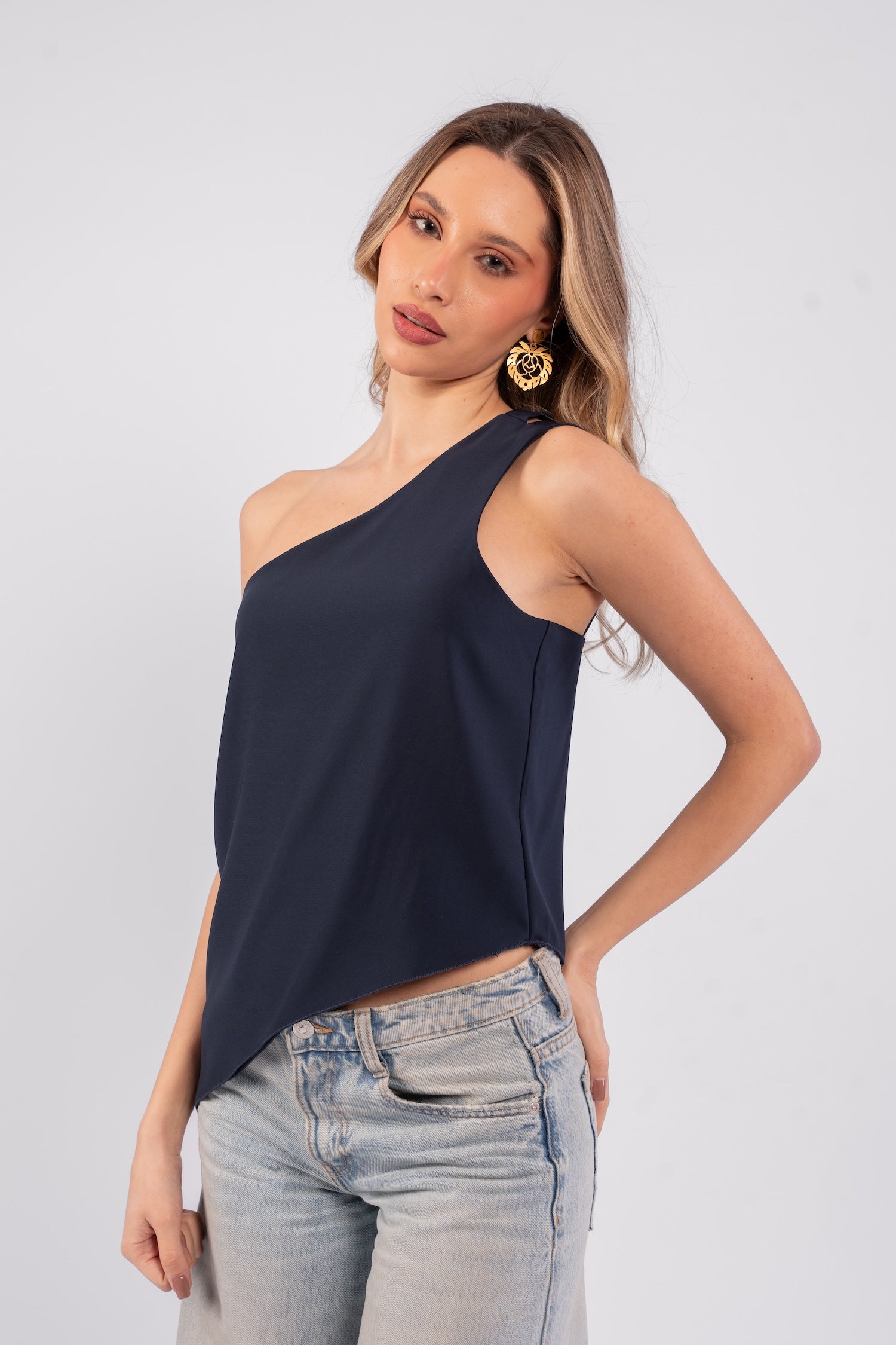 Asymmetric Top with Stripes - Navy Blue