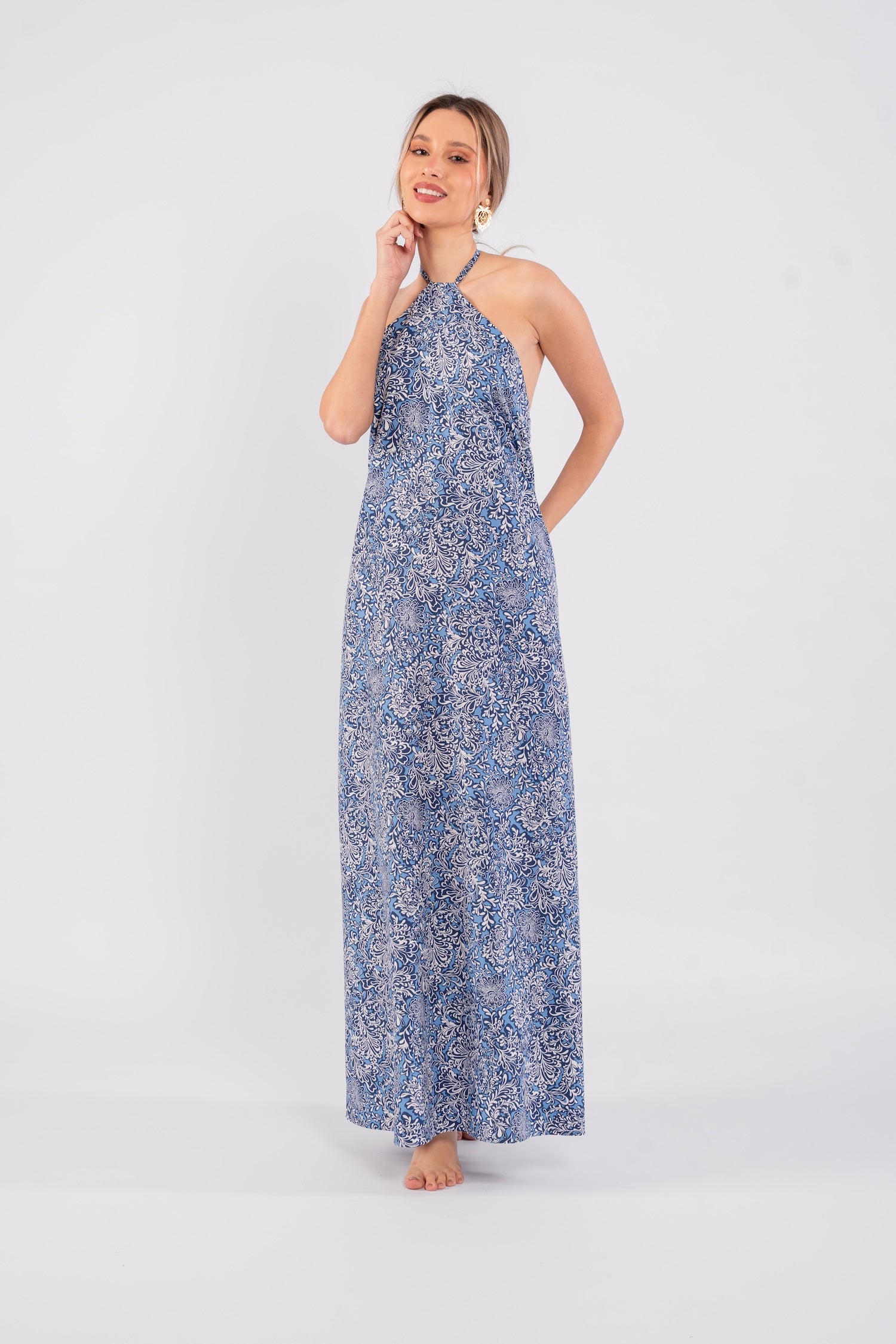 Nora Halter Neck Dress - Printed Blue