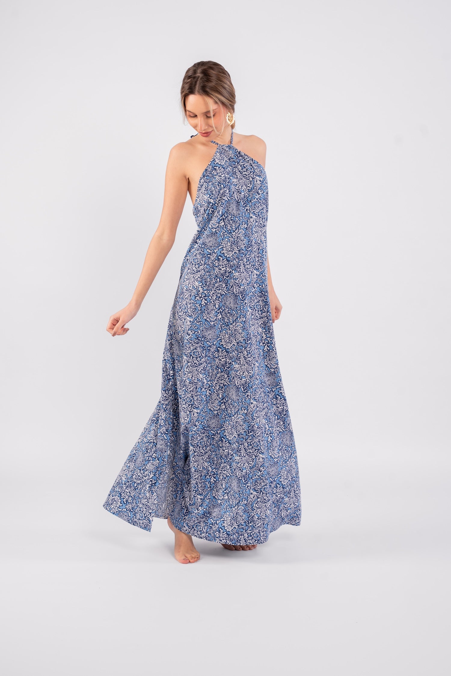 Nora Halter Neck Dress - Printed Blue