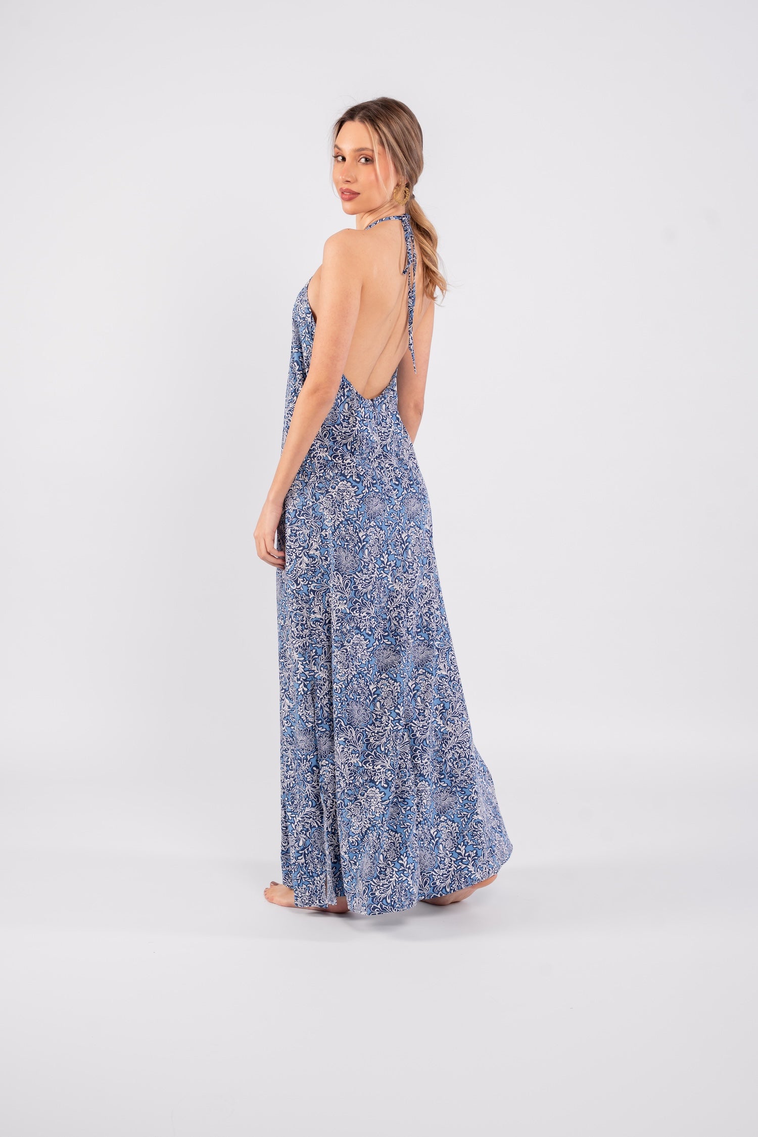Nora Halter Neck Dress - Printed Blue