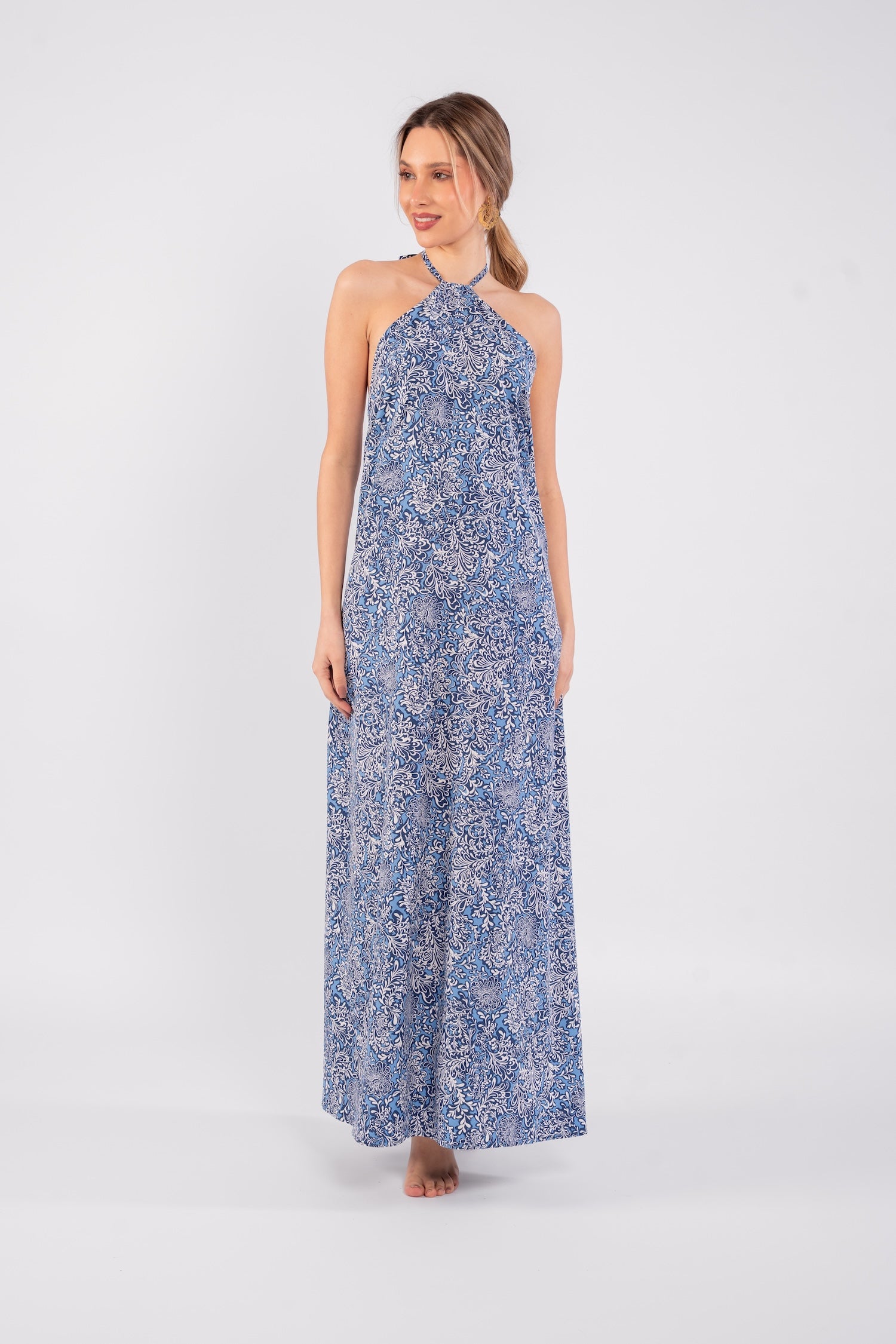 Nora Halter Neck Dress - Printed Blue